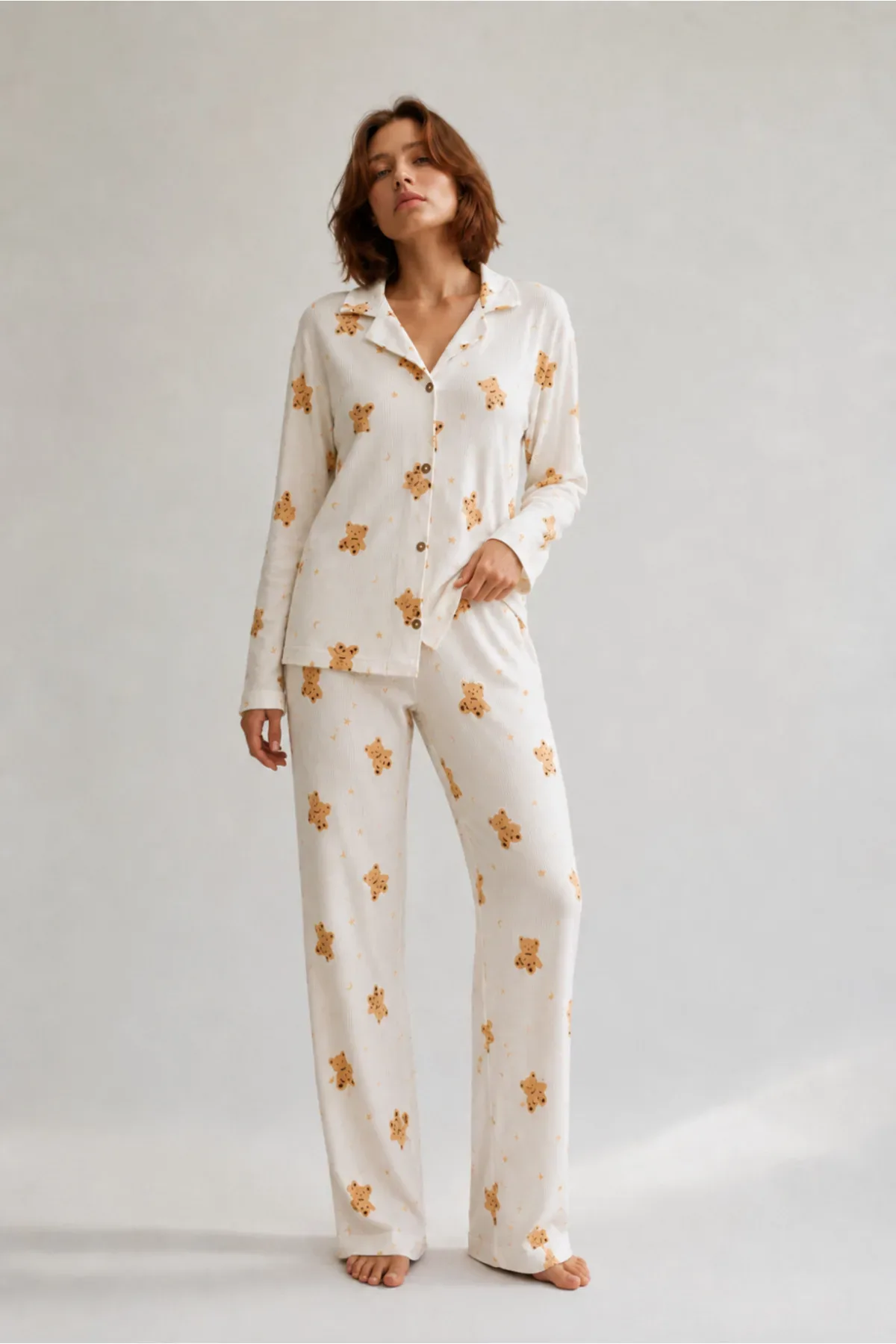 Kadın Gömlek Yaka Düğmeli Gece Giyimi Pijama Takımı