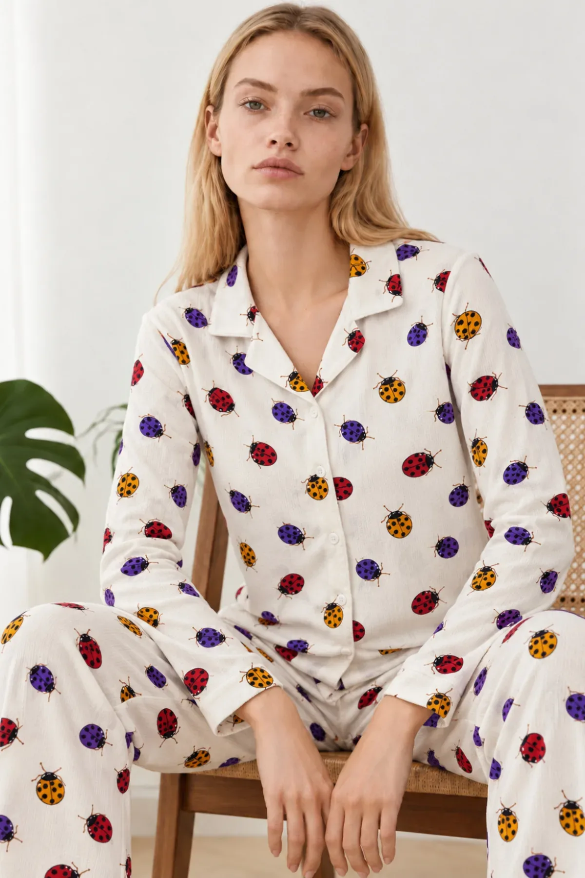 Kadın Uğur Böcekli Gömlek Yaka Pijama Takımı 4827