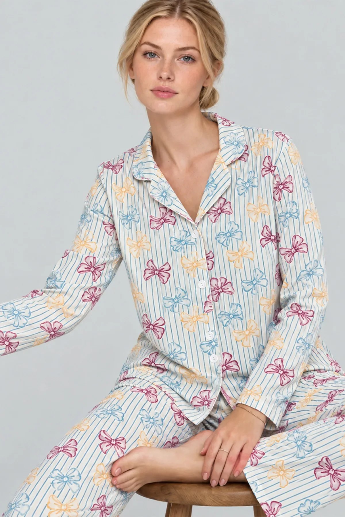 Kadın Kurdela Desenli Bol Renkli Pijama Takımı 4798
