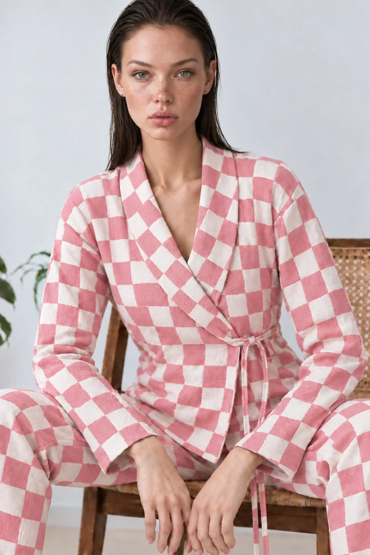 Kadın Kruvaze Yaka Kareli Beli Kuşaklı Pijama Takımı 4785