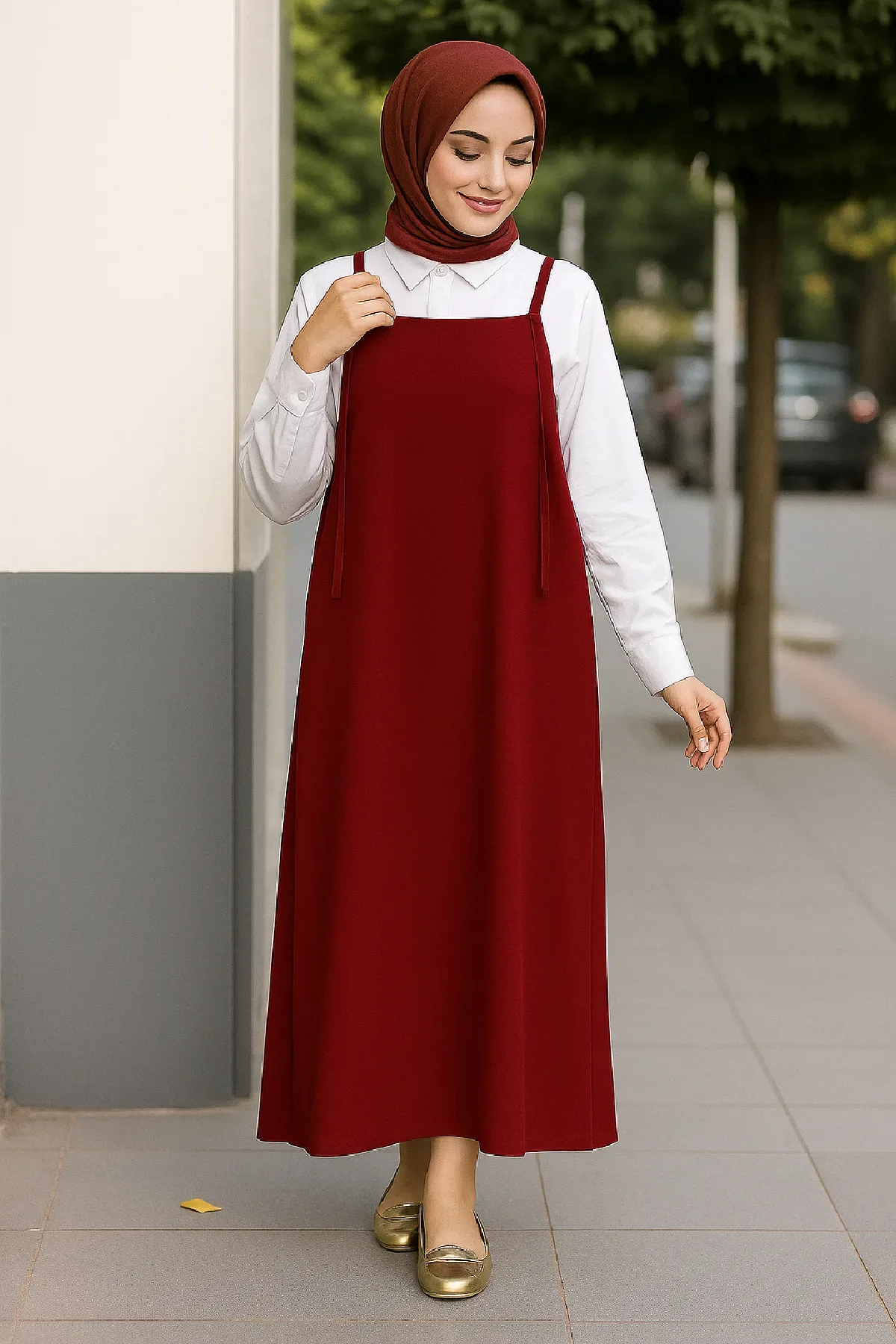 Kadın Bordo Basic Ayarlanabilir Askılı Jile Elbise