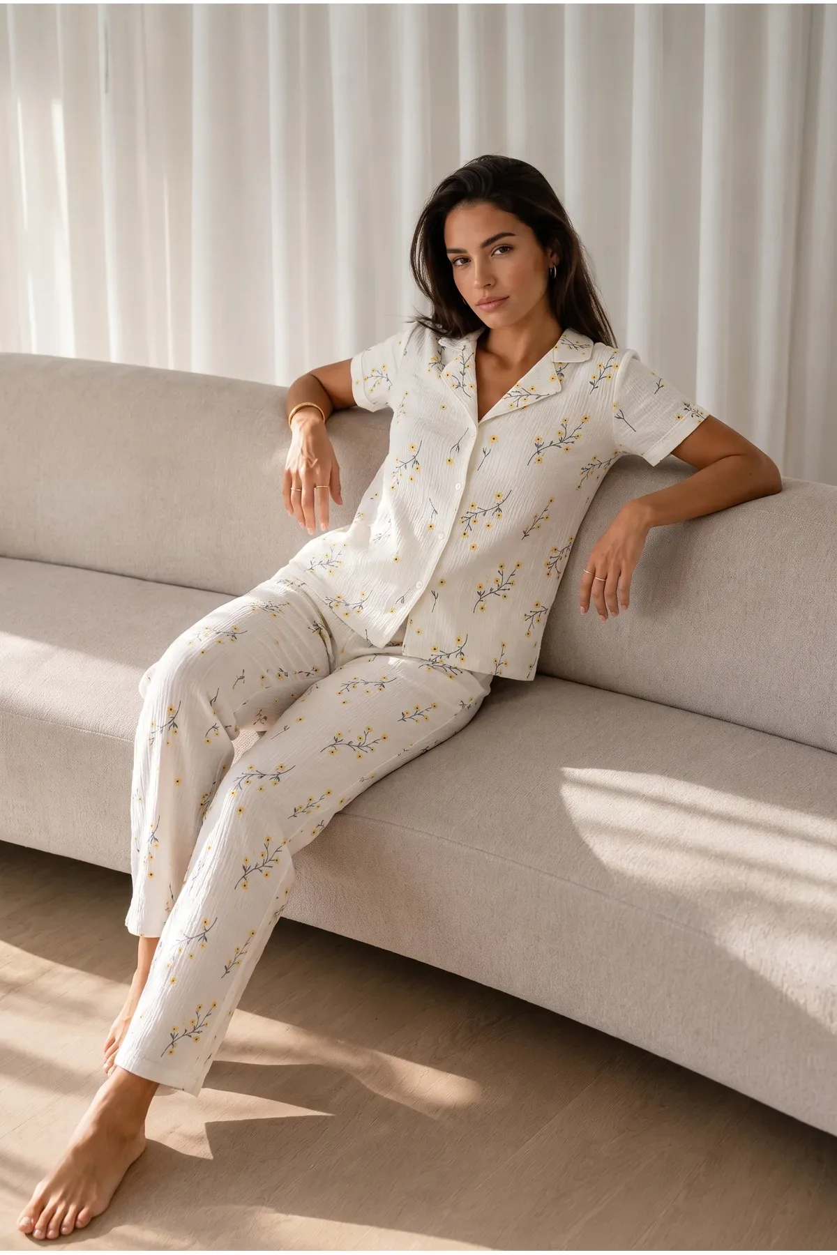 Kadın Loose Uzun Paça Pamuk Pijama Takımı