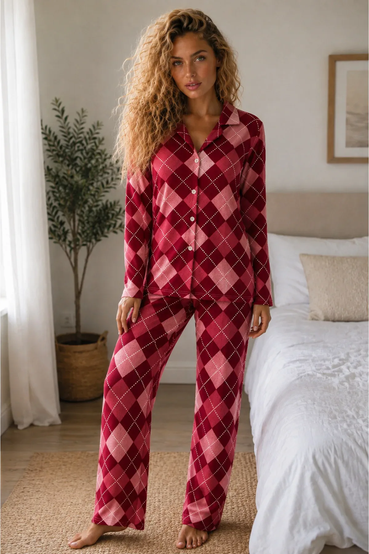 Kadın Örme Gömlek Yaka Pijama Takımı