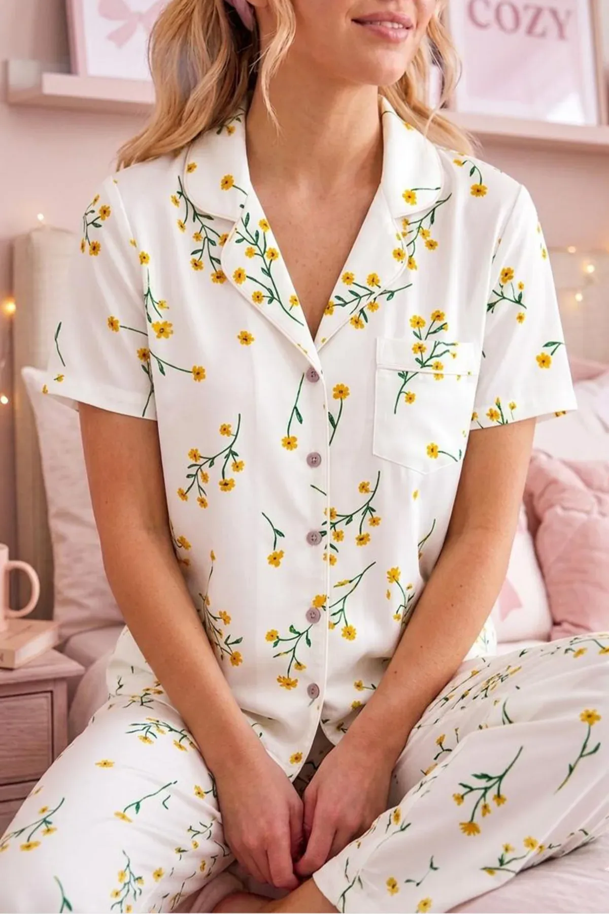 Çiçek Baskılı Bürümçük kumaş Kısa Kollu Pijama Takımı 6067