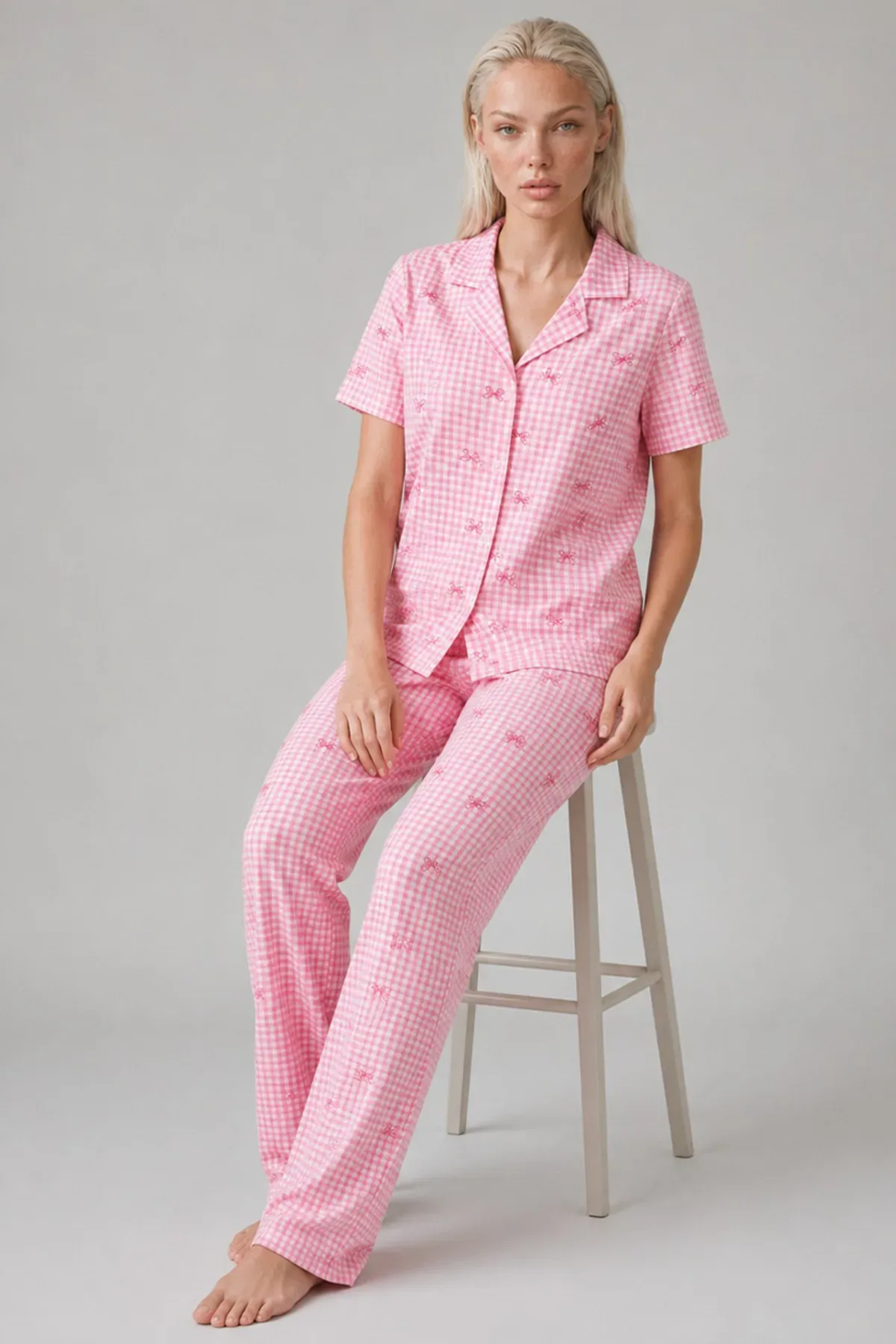 Ekose Fiyonk Desenli Kısa Kollu Pijama Takımı Kadın Düğmeli Uzun Alt Pijama Takımı 4633