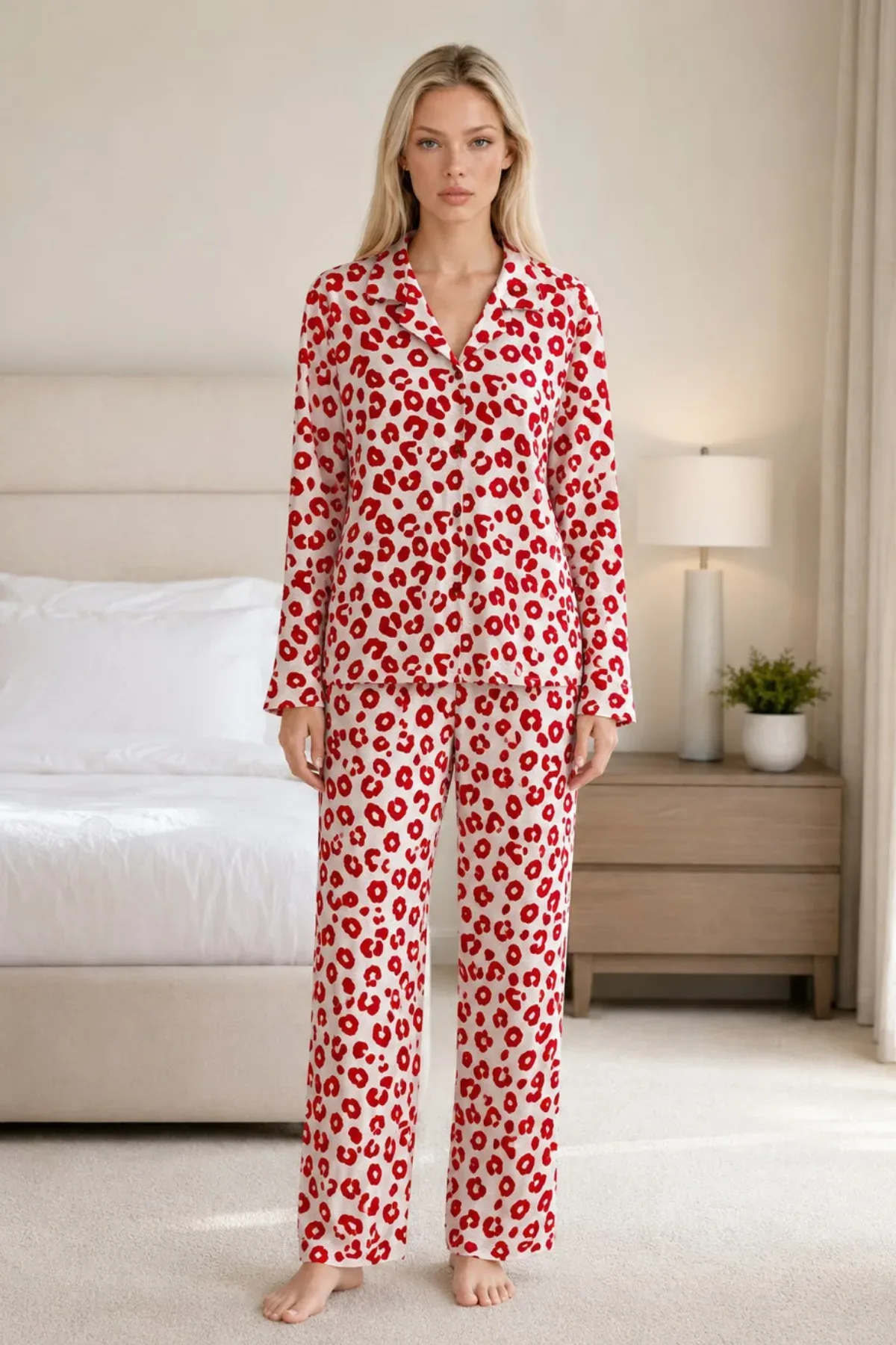 Kadın Desenli Esnek Bol Pijama Takımı 4735 L