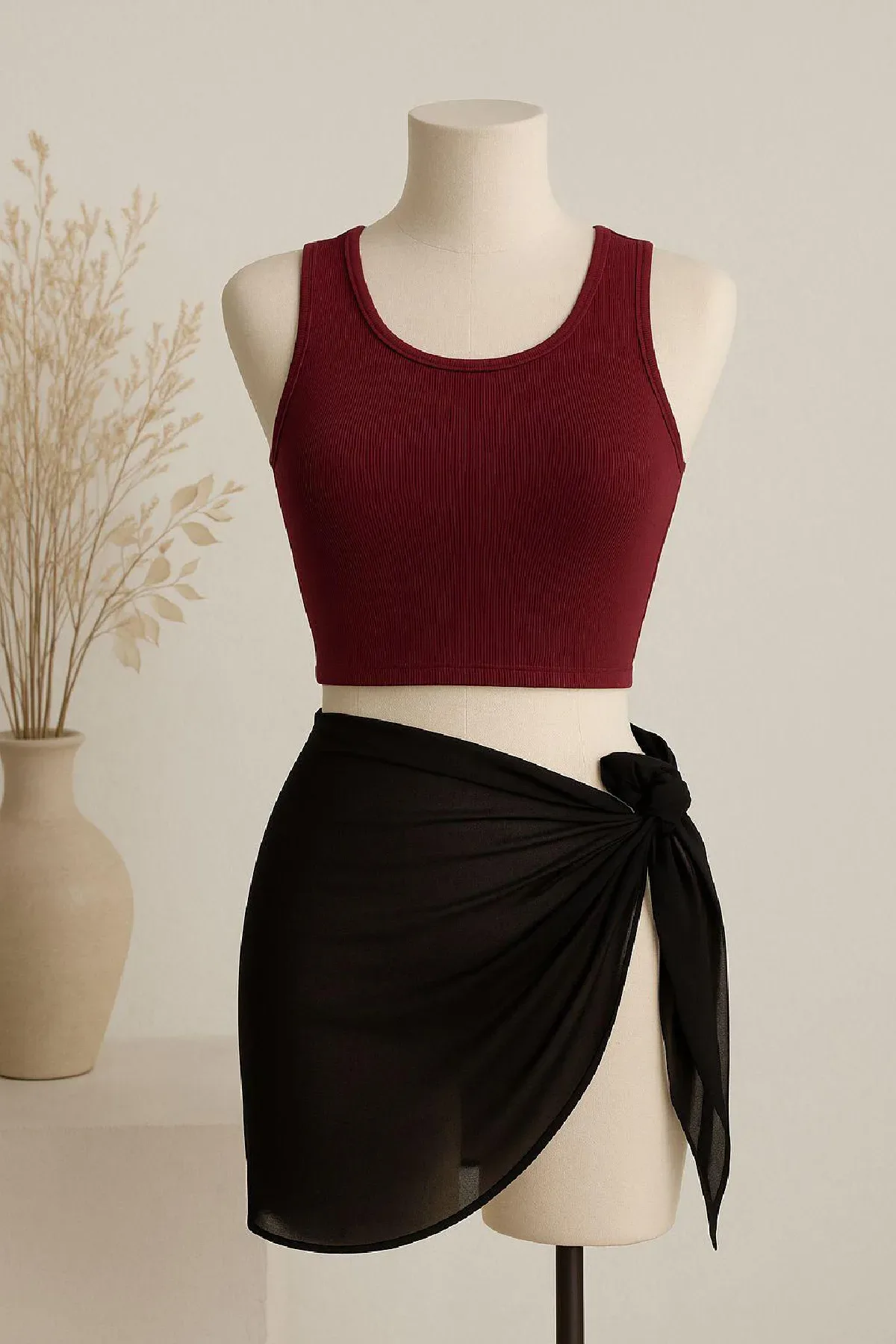 Kadın Bordo Yuvarlak Yaka Crop ve Siyah Pareo 2'li Set