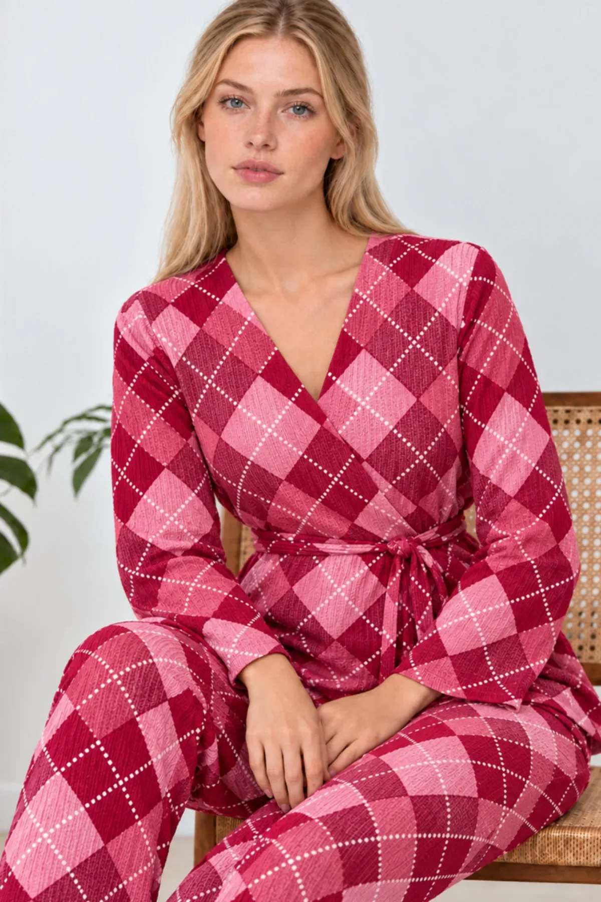 Kadın Desenli Ev Stili Kuşaklı Pijama Takımı 4808