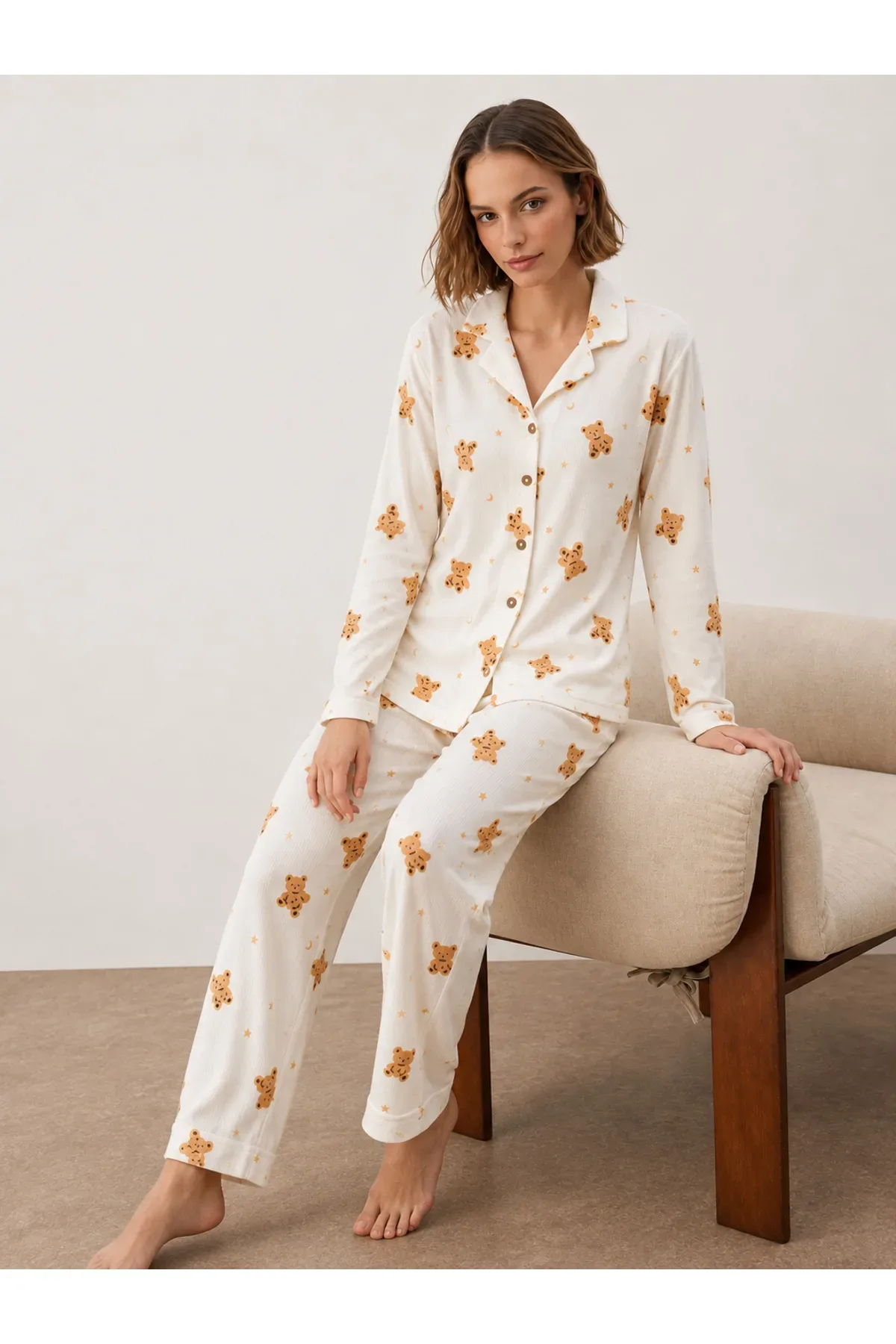 Kadın Gömlek Yakalı Uzun Kollu Pijama Seti