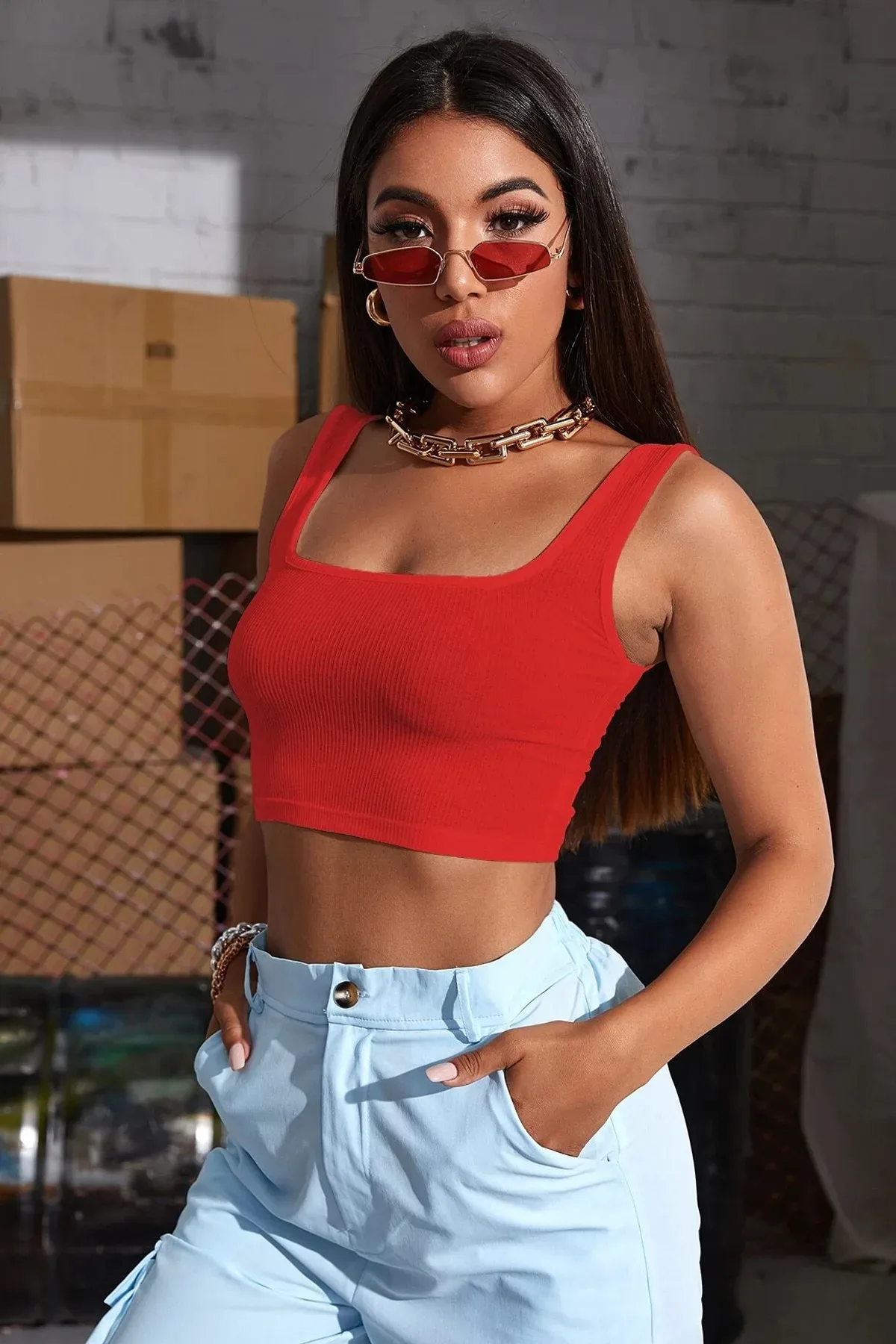 Kadın Kırmızı Kalın Askılı Crop Top Büstiyer