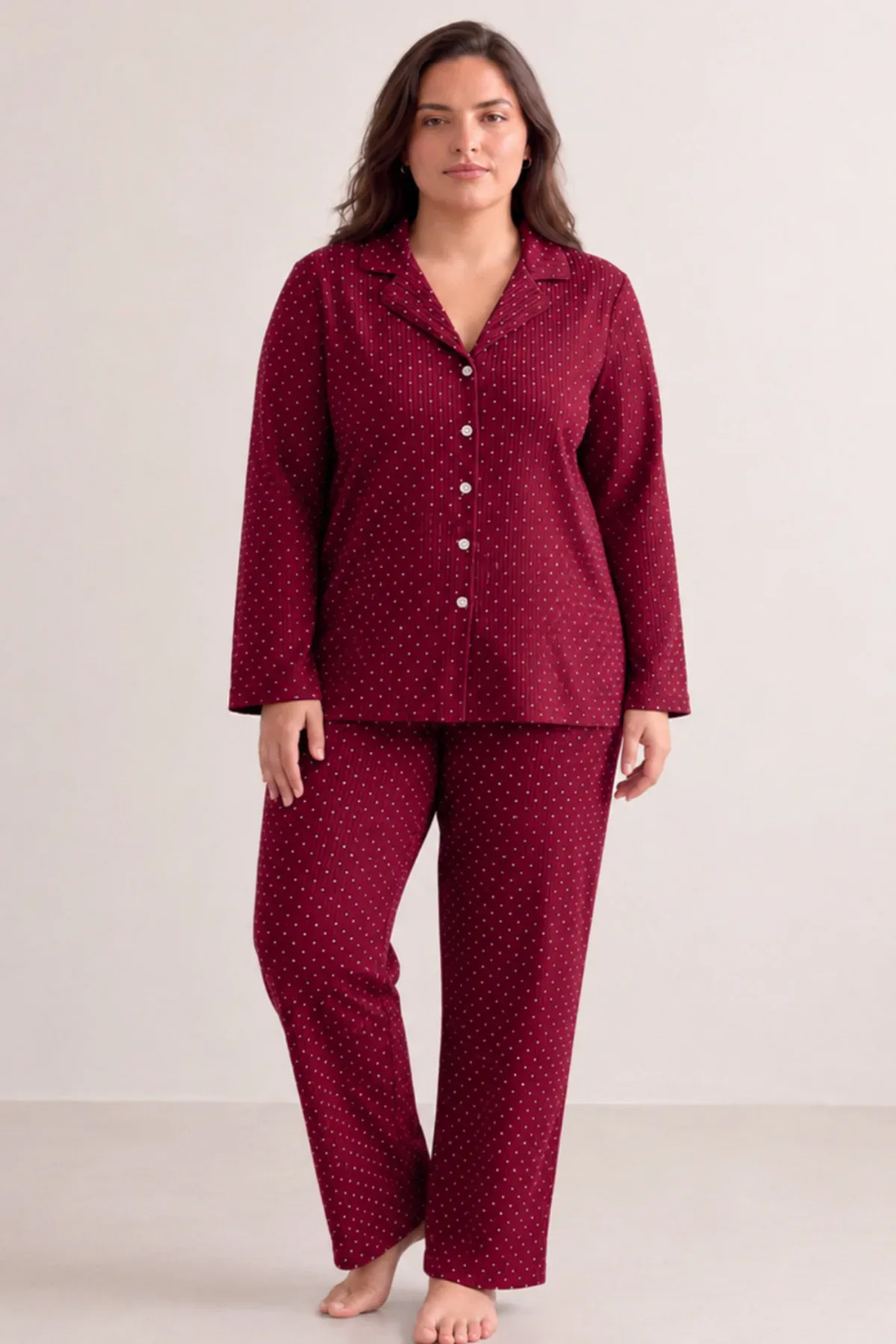 Kadın Puantiyeli Düğmeli Pijama Takımı 852
