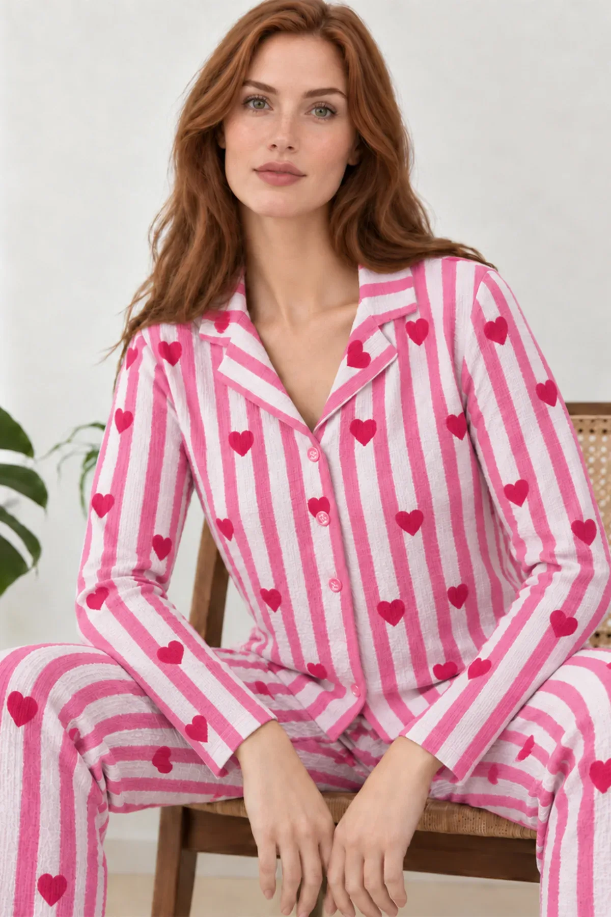 Kadın Uzun Kollu Gömlek Yaka Çizgili Kalpli Pijama Takımı 4770