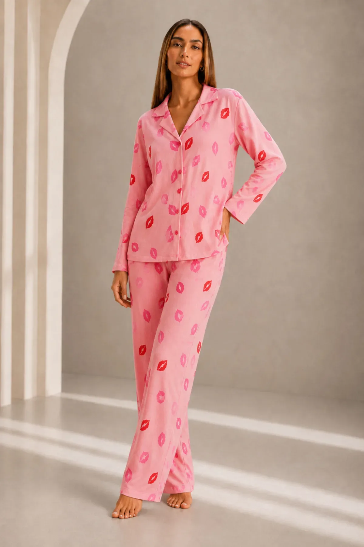 Kadın Önden Düğmeli Uzun Kollu Pijama Takımı
