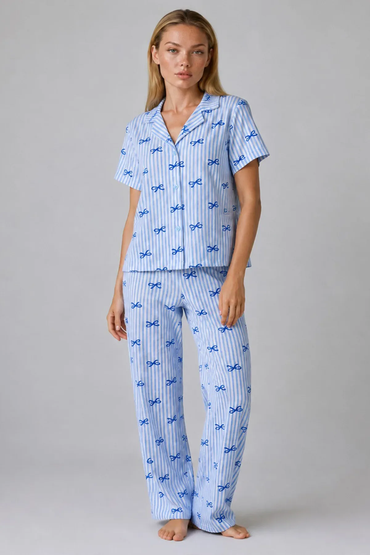 Kurdele Desenli Çizgili Bürümcük Pijama Takımı 4645-